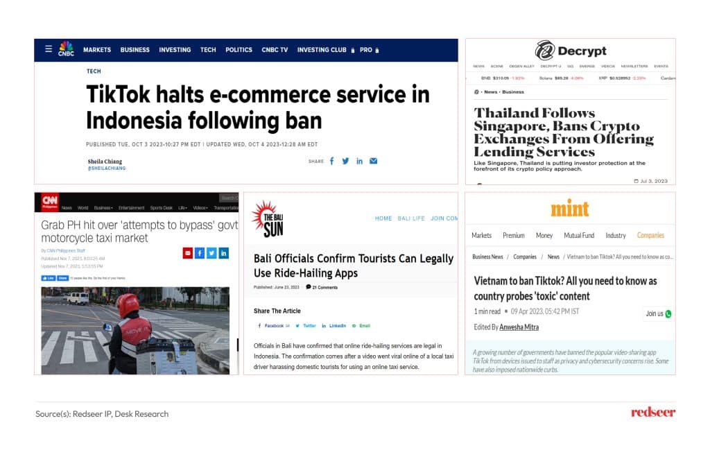 A bunch of screen grabs of news articles about regulations in SEA